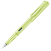 Blue Lamy Safari fountain pen with steel nib, showcasing its sleek design and compact size for smooth writing.