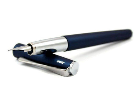 Lamy Studio fountain pen with steel nib in imperial blue, showcasing its sleek design and smooth ink flow.