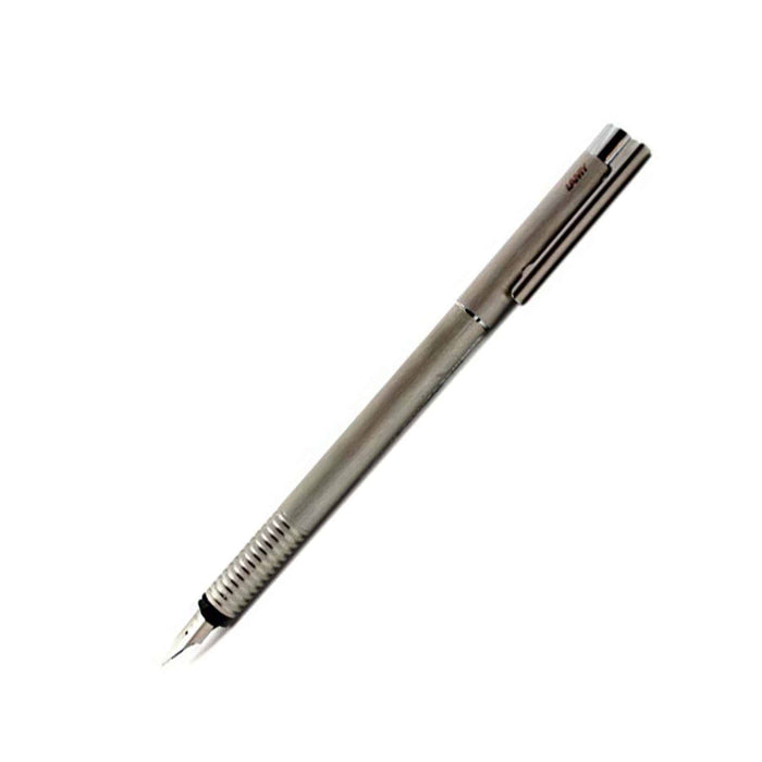 Lamy brushed steel logo fountain pen with an elegant design and fine steel nib, showcasing the brand’s signature style.