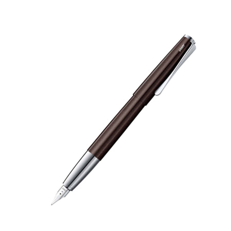 Lamy Studio fountain pen with dark brown finish and fine steel nib, showcasing sleek design and premium craftsmanship.