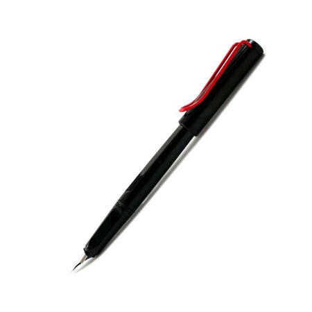 Lamy Joy fountain pen with steel calligraphy nib and 1.1mm tip, shown with sleek black body and silver accents.