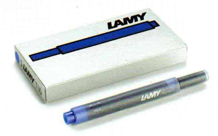 Blue ink cartridge for Lamy fountain pens, standard size, with packaging showing the Lamy brand logo and cartridge design.
