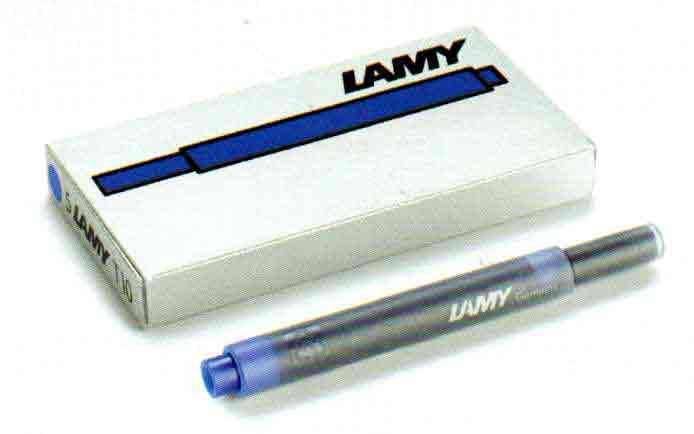 Blue ink cartridge for Lamy fountain pens, standard size, with packaging showing the Lamy brand logo and cartridge design.