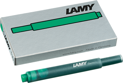 Lamy green fountain pen ink cartridge, standard size, designed for compatible Lamy fountain pens, with visible green ink inside