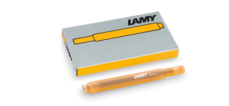 Lamy fountain pen ink cartridge in mango color, compatible with Lamy fountain pens, shown in a close-up image.