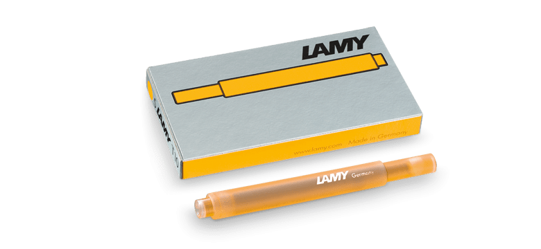Lamy fountain pen ink cartridge in mango color, compatible with Lamy fountain pens, shown in a close-up image.