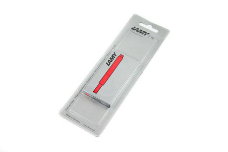 Red Lamy fountain pen ink cartridge for use with Lamy fountain pens, showcasing the small, rectangular ink cartridge.
