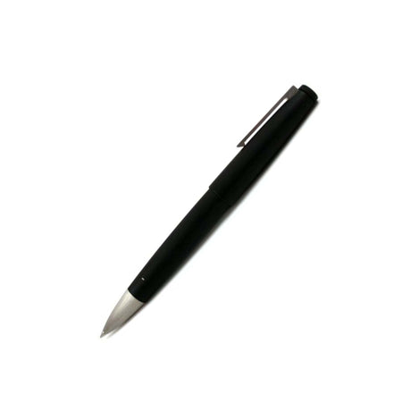 Black Lamy 2000 rollerball pen with sleek design and silver accents, showcasing its smooth writing tip and elegant appearance.