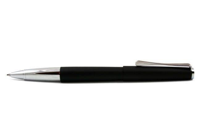 Lamy Studio black rollerball pen with sleek design and textured grip, ideal for smooth writing.