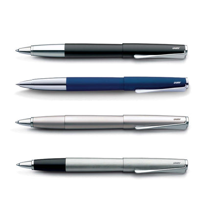 Black Lamy Studio rollerball pen with sleek design and metal accents, ideal for smooth writing and professional use.