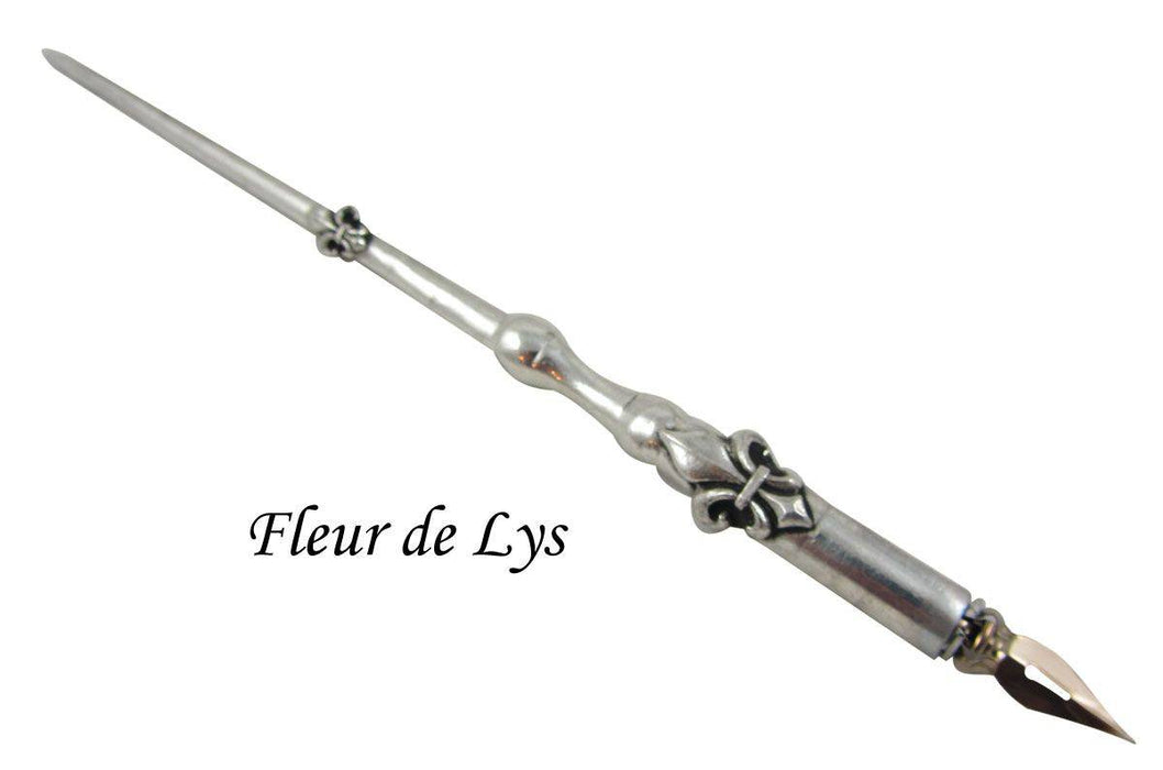 Le Potier D'etain pewter dip calligraphy pen with fleur-de-lys design, ideal for elegant writing and artistic calligraphy.