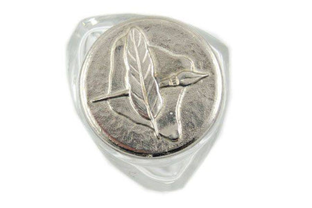 Le Potier D'etain ink bottle with pewter top featuring a quill and scroll design, perfect for fountain pen ink storage.