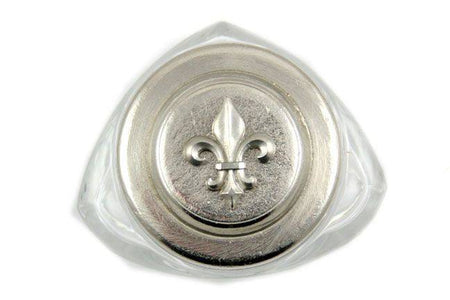 Le Potier D'etain ink bottle with pewter top featuring a Fleur De Lys design, showcasing intricate craftsmanship.