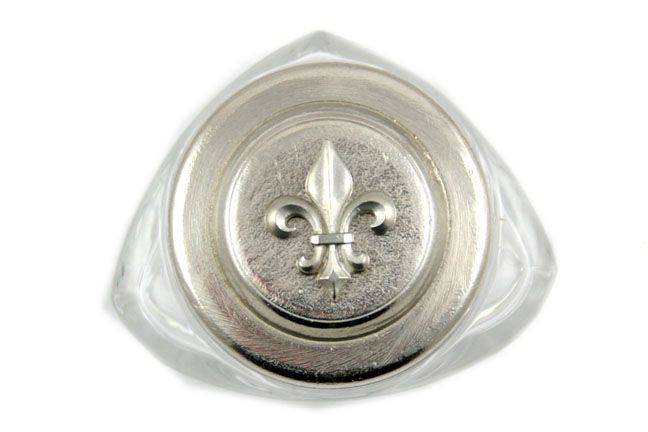 Le Potier D'etain ink bottle with pewter top featuring a Fleur De Lys design, showcasing intricate craftsmanship.