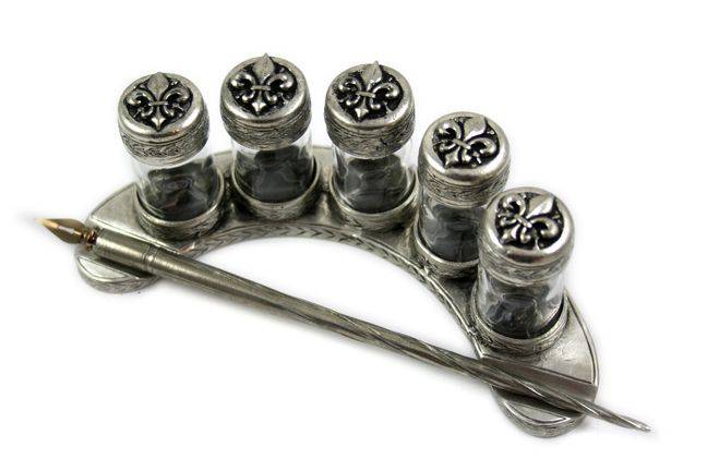 Le Potier D'etain Crescent Five Ink Bottle Set in pewter with filigree design, featuring five elegant ink bottles.
