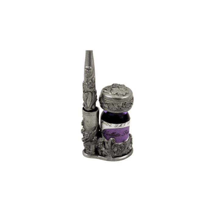 Small pewter inkwell set with flower design, includes a quill, by Le Potier D'etain, perfect for writing or decorative display.