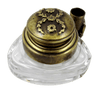 Bronze triangle inkwell set with a quill and decorative garland by Le Potier D'etain, vintage-style desk accessory.