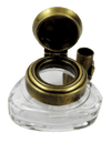Bronze triangle inkwell set with quill and garland from Le Potier D'etain, featuring elegant vintage ink bottle and writing accessories.