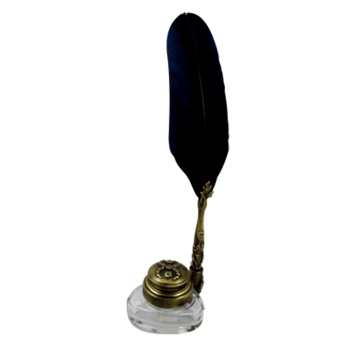 Bronze triangle inkwell set with matching quill and decorative garland by Le Potier D'etain, vintage writing accessories.