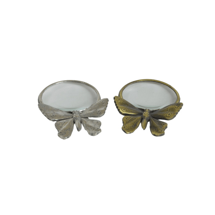Small Le Potier D'etain pewter magnifying glass with butterfly design, compact and detailed for close-up viewing.