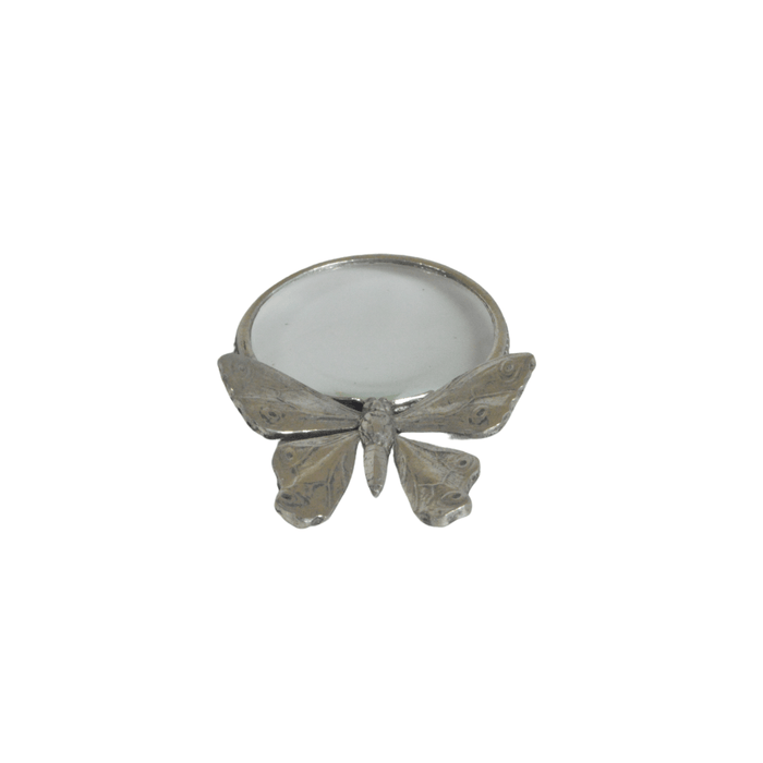 Small Le Potier D'etain butterfly-shaped magnifying glass with pewter finish, detailed design and compact size.