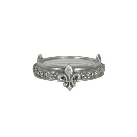 Small pewter magnifying glass with fleur de lys design on foot, by Le Potier D'etain, detailed close-up image.