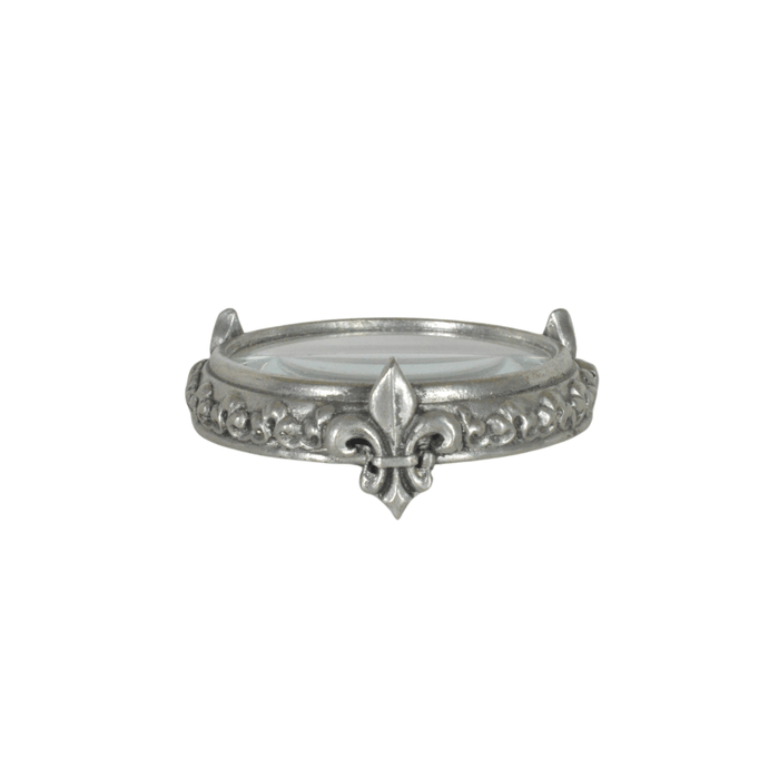 Small pewter magnifying glass with fleur de lys design on foot, by Le Potier D'etain, detailed close-up image.