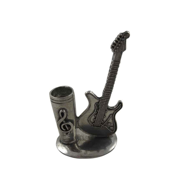 Le Potier D'Étain pewter guitar-shaped pen rest stand for quills, featuring a detailed, decorative design for writing accessories.