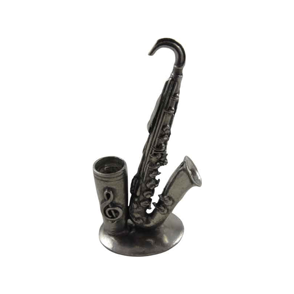 Le Potier D'Étain pewter saxophone pen rest stand for quill, decorative desk accessory for holding writing instruments.
