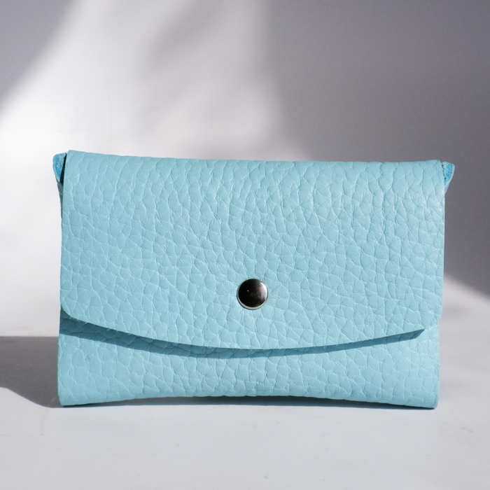 Light blue leather Swatch Book Card Holder by Papier Plume, compact leather card organizer with multiple slots for swatches.