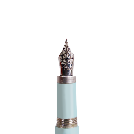 Light blue Jean-Pierre Lepine Yuzu fountain pen with gold accents on smooth nib, showcasing elegant writing instrument design.