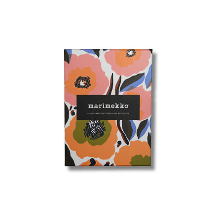 Set of Marimekko note cards and envelopes featuring vibrant, patterned designs on high-quality paper for elegant stationery.