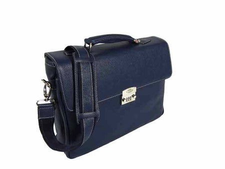 Blue Munari Granata leather briefcase with lock, featuring a sleek design and sturdy handles for professional use.