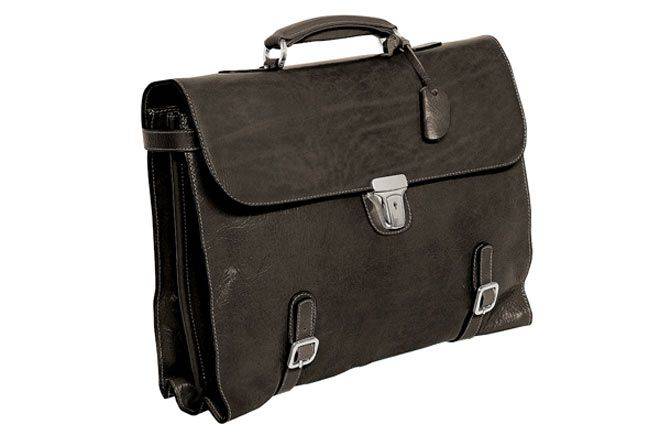 Brown Munari double compartment Vachetta leather briefcase with sturdy handles and refined craftsmanship.