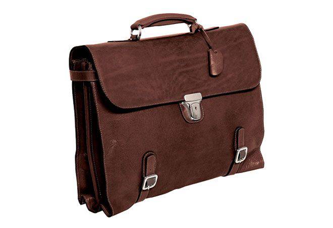Brown Munari double compartment Vachetta leather briefcase with sturdy handles and sleek design.