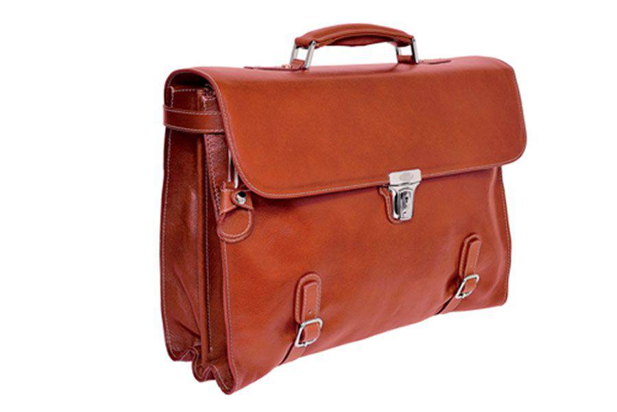 Brown Munari briefcase with double compartments, crafted from Vachetta leather, featuring a sleek, professional design.
