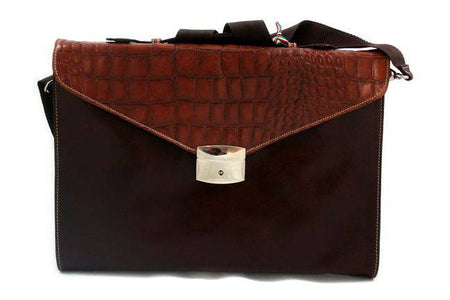 Orna Munari small briefcase in Vachetta Cocco brown leather with sturdy handle and classic design.