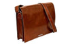 Dark brown Munari leather messenger bag with Vachetta leather accents, featuring a flap closure and adjustable shoulder strap.