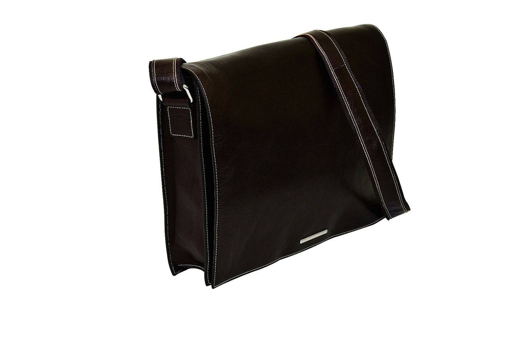 Dark brown Munari leather messenger bag with Vachetta leather accents, featuring a structured design and adjustable strap.