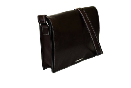 Dark brown Munari leather messenger bag with Vachetta leather accents, featuring a structured design and adjustable strap.