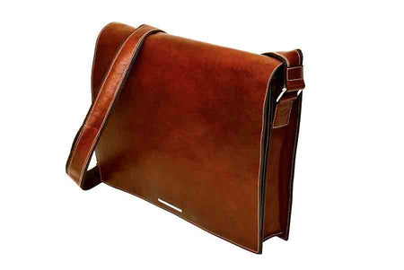 Dark brown Munari leather messenger bag with Vachetta leather accents, featuring a classic, structured design and adjustable shoulder strap.