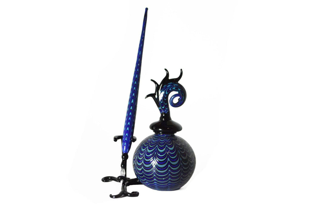 Murano glass inkwell set with blue and black lace design, featuring elegant glass craftsmanship and intricate detailing.