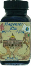 Noodlers Baystate Blue fountain pen ink in a 3 oz bottle, vibrant blue ink for writing and calligraphy.
