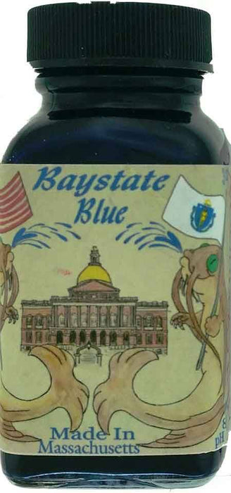 Noodlers Baystate Blue fountain pen ink in a 3 oz bottle, vibrant blue ink for writing and calligraphy.