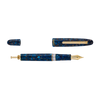 Esterbrook Estie push button fountain pen with deep blue lacquer finish, open nib revealing its elegant design.