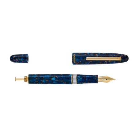 Esterbrook Estie push button fountain pen with deep blue lacquer finish, open nib revealing its elegant design.