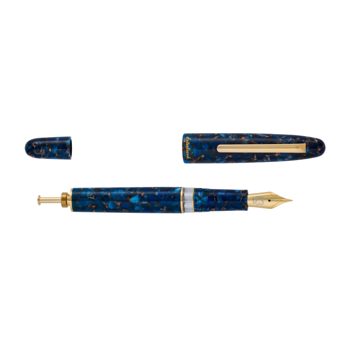 Esterbrook Estie push button fountain pen with deep blue lacquer finish, open nib revealing its elegant design.