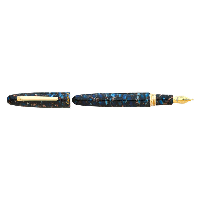 Esterbrook Estie fountain pen with gold fittings and a glossy nouveau blue resin barrel, showcasing elegant writing instrument design.