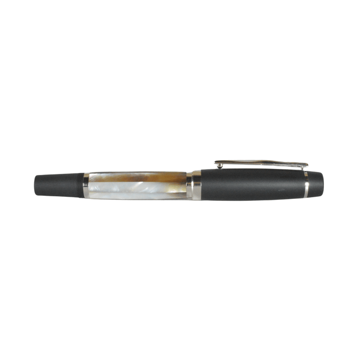 Opus 88 fountain pen with black mother of pearl shell finish and extra-fine nib, showcasing elegant craftsmanship and glossy surface.