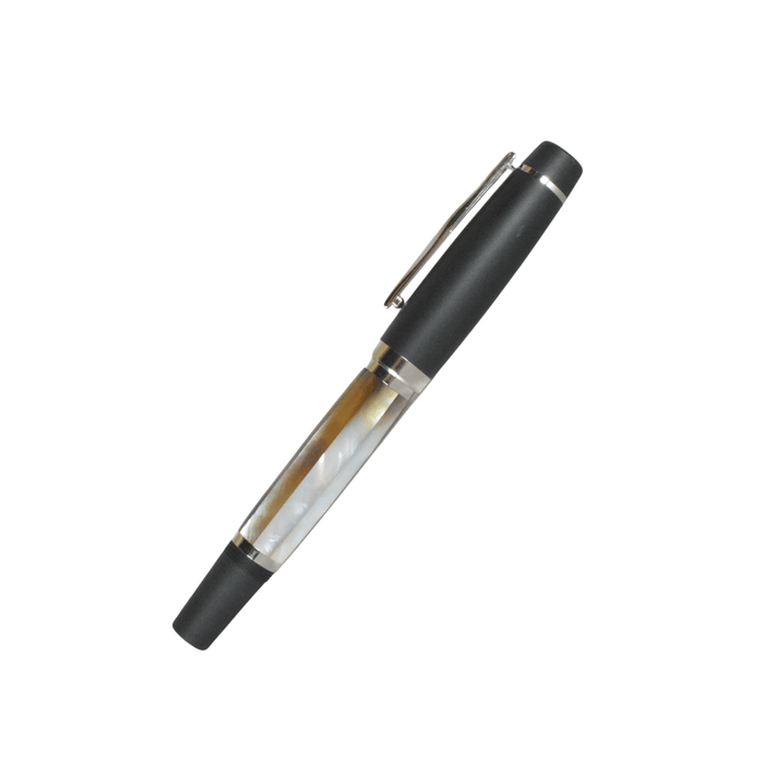 Opus 88 fountain pen with black Mother of Pearl shell finish and extra-fine nib, showcasing elegant craftsmanship and detailed design.